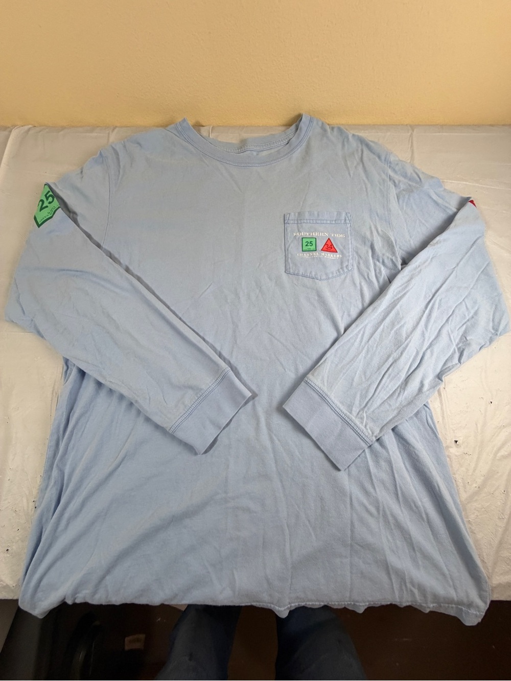 Southern Tide Pale Blue Long Sleeve Pocket Tee with Green Accent